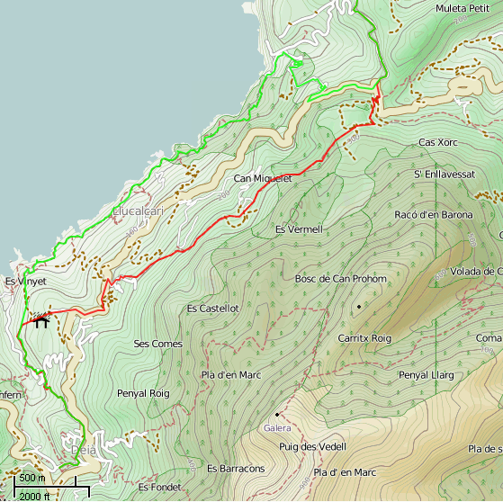 GR221 Karte, Vergleich Standardroute und Küstenweg Deià – Port de Sóller