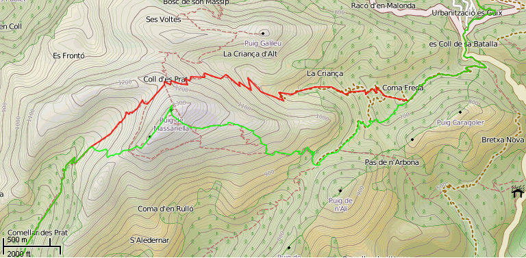 Karte GR221, Tag 7:  Refugio Tossals Verds – Lluc: Vergleich Standardroute und Variante über den Puig de Massanella (1.365m) (