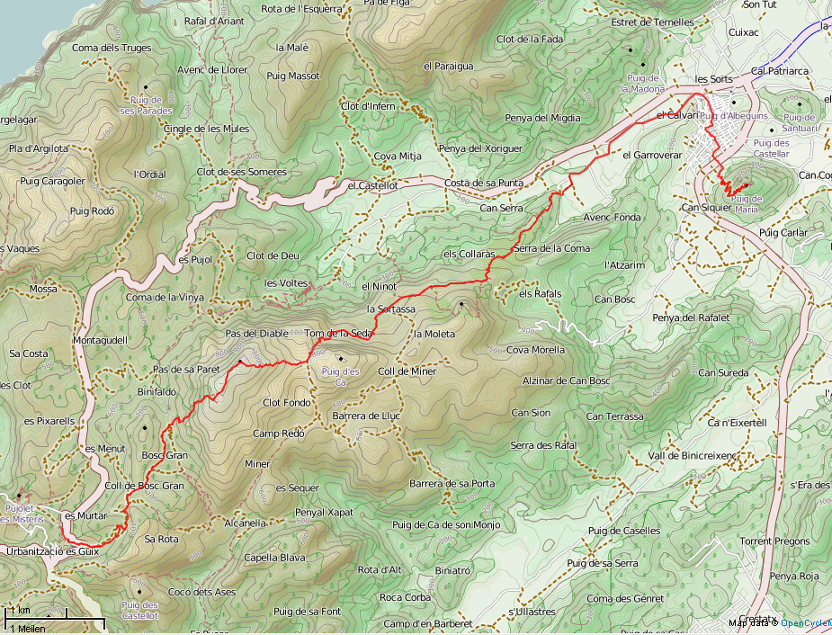 Karte GR221 - Tag 8: Refugio Lluc nach Pollença
