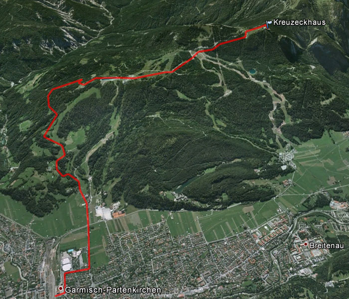 Satellitenansicht Etappe 1: Garmisch - Kreuzeckhaus
