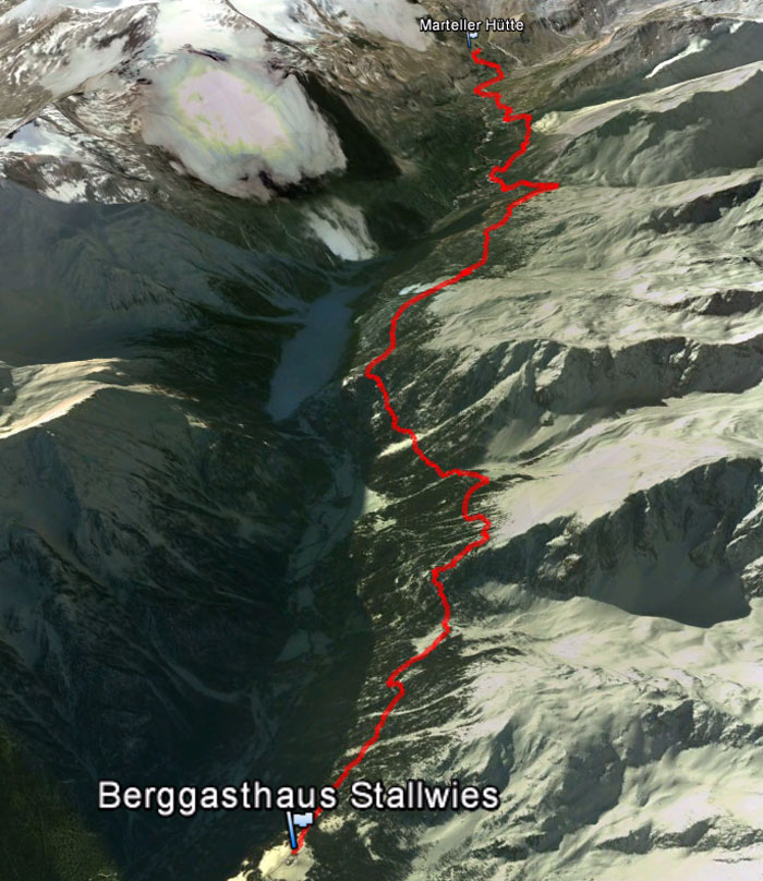 Routenübersicht der Etappe 14 Berggasthaus Stallwies - Marteller Hütte auf dem L1