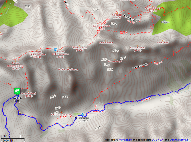 Online-Karte der Wanderstrecke der Etappe 2 auf der Alpenüberquerung auf dem L1: Kreuzeckhaus - Knorrhütte Süd