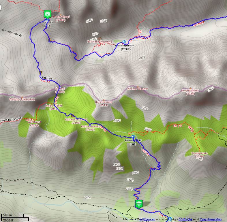 Online-Karte der Wanderstrecke der Etappe 3 auf der Alpenüberquerung auf dem L1: Knorrhütte -  Tillfussalm