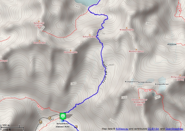 Online-Karte der Wanderstrecke der Etappe 6 auf der Alpenüberquerung auf dem L1: Dortmunder Hütte - Schweinfurter Hütte - Süd