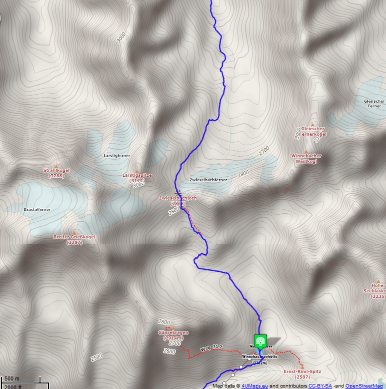 Online-Karte der Wanderstrecke der Etappe 7 auf der Alpenüberquerung auf dem L1: Schweinfurter Hütte - Winnebachseehütte - Süd