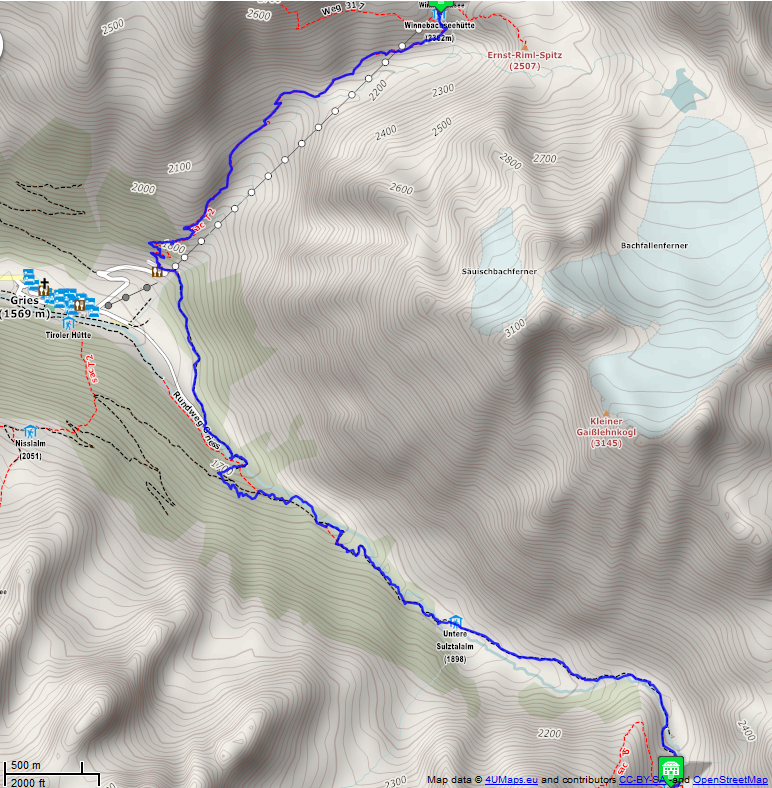 Online-Karte der Wanderstrecke der Etappe 8 auf der Alpenüberquerung auf dem L1: Winnebachseehütte - Amberger Hütte -Nord