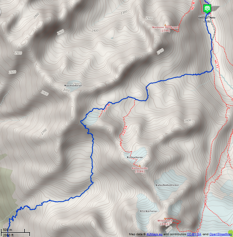 Online-Karte der Wanderstrecke der Etappe 9 auf der Alpenüberquerung auf dem L1: Amberger Hütte - Zwieselstein - Nord