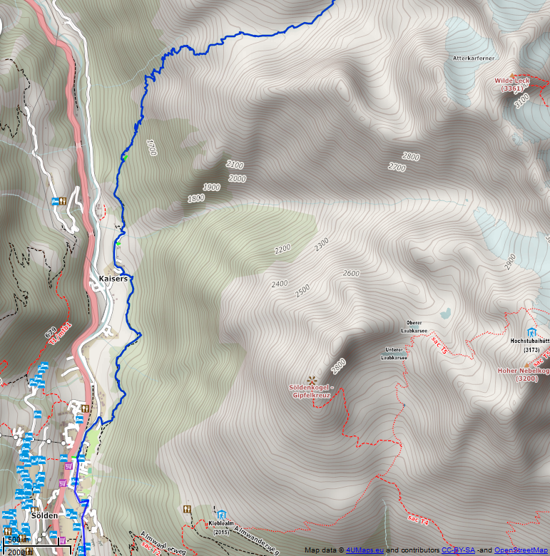 Online-Karte der Wanderstrecke der Etappe 9 auf der Alpenüberquerung auf dem L1: Amberger Hütte - Zwieselstein - Mittel Nord