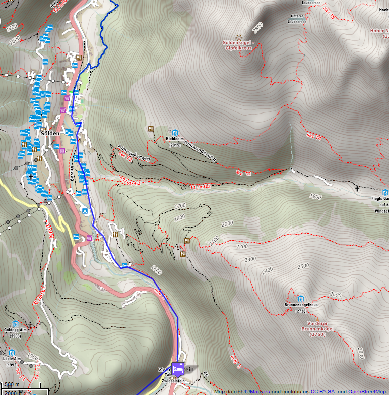Online-Karte der Wanderstrecke der Etappe 9 auf der Alpenüberquerung auf dem L1: Amberger Hütte - Zwieselstein -  Süd