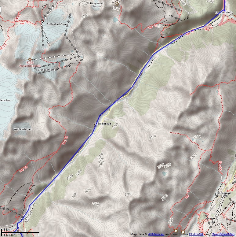 Online-Karte der Wanderstrecke der Etappe 10 auf der Alpenüberquerung auf dem L1: Zwieselstein - Martin Busch Hütte