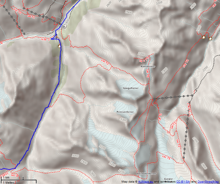 Online-Karte der Wanderstrecke der Etappe 10 auf der Alpenüberquerung auf dem L1: Zwieselstein - Martin Busch Hütte - Süd