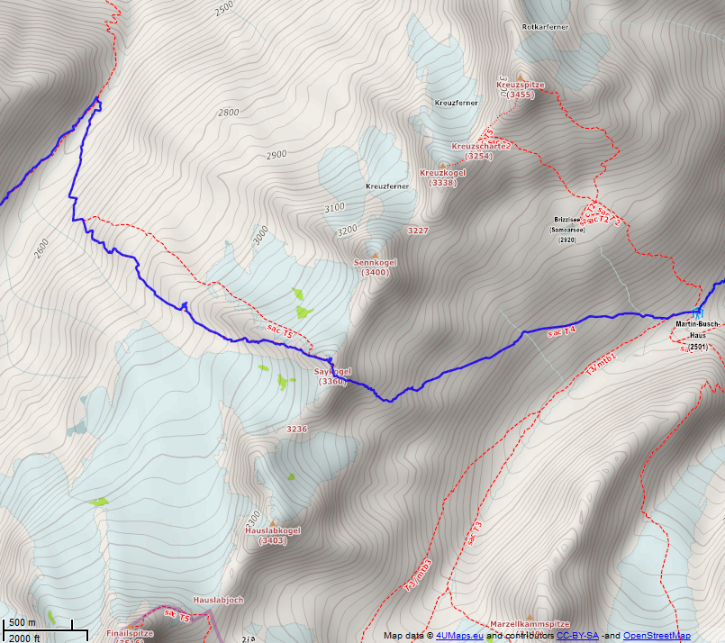 Online-Karte der Wanderstrecke der Etappe 11 auf der Alpenüberquerung auf dem L1: Martin-Busch-Hütte - Rifugio Bellavista/Schöne Aussicht Hütte