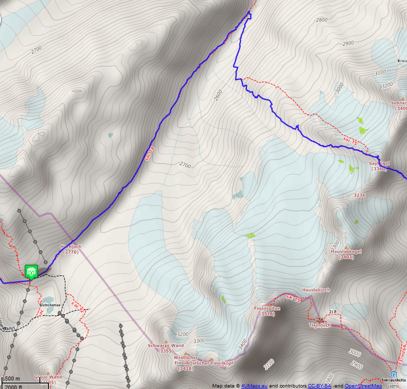 Online-Karte der Wanderstrecke der Etappe 11 auf der Alpenüberquerung auf dem L1: Martin-Busch-Hütte - Rifugio Bellavista/Schöne Aussicht Hütte Süd