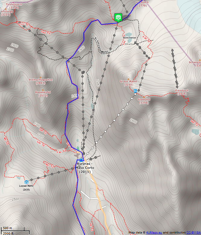 Online-Karte der Wanderstrecke der Etappe 12 auf der Alpenüberquerung auf dem L1: Schöne Aussicht Hütte - Schlanders - Nord