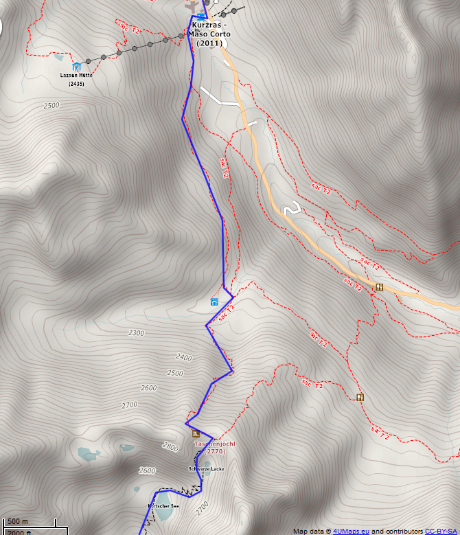 Online-Karte der Wanderstrecke der Etappe 12 auf der Alpenüberquerung auf dem L1: Schöne Aussicht Hütte - Schlanders Mitte Nord