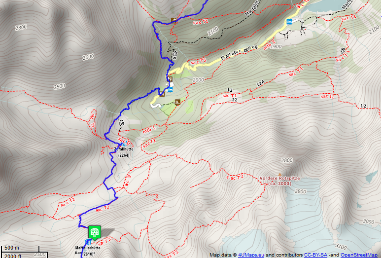 Online-Karte der Wanderstrecke der Etappe 14 auf der Alpenüberquerung auf dem L1: Berggasthaus Stallwies - Marteller Hütte Süd