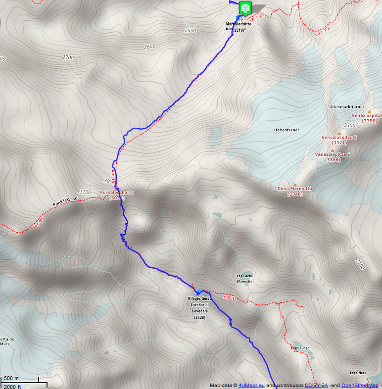 Online-Karte der Wanderstrecke der Etappe 15 auf der Alpenüberquerung auf dem L1: Marteller Hütte - Peio