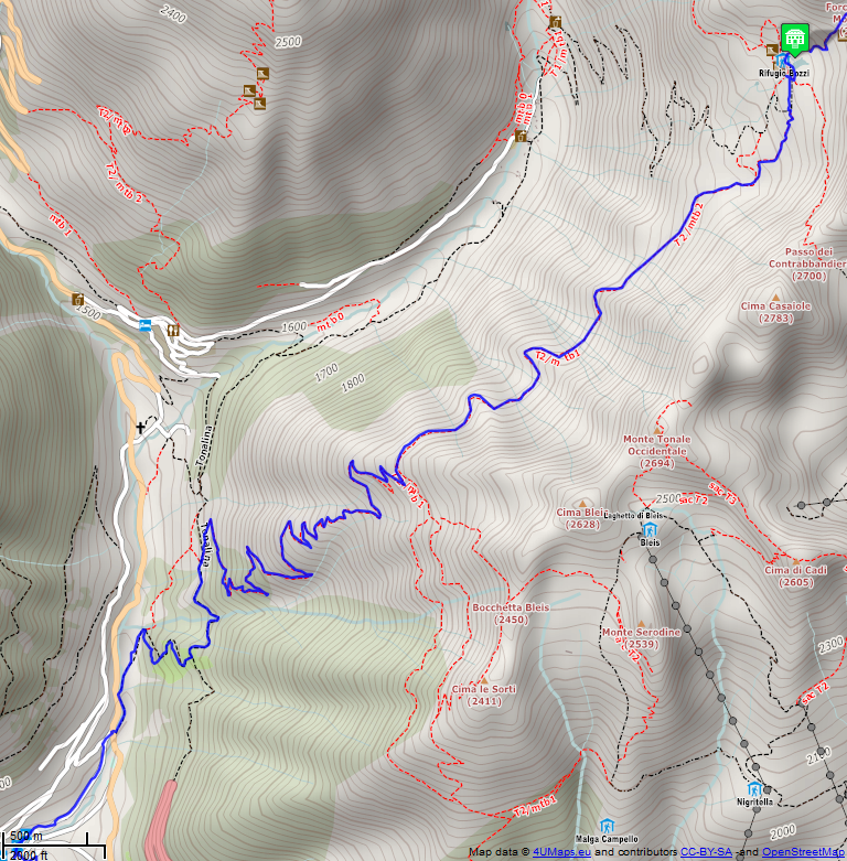 Online-Karte der Wanderstrecke der Etappe 17 auf der Alpenüberquerung auf dem L1: Rifugio Angiolino Bozzi al Montozzo - Temü - Nord
