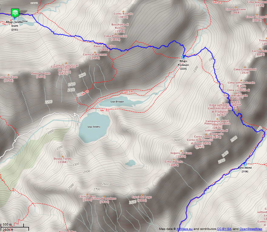 Online-Karte der Wanderstrecke der Etappe 20 auf der Alpenüberquerung auf dem L1: Rifugio Gnutti - Rifugio Citta di Lissone im Val Adame - Süd