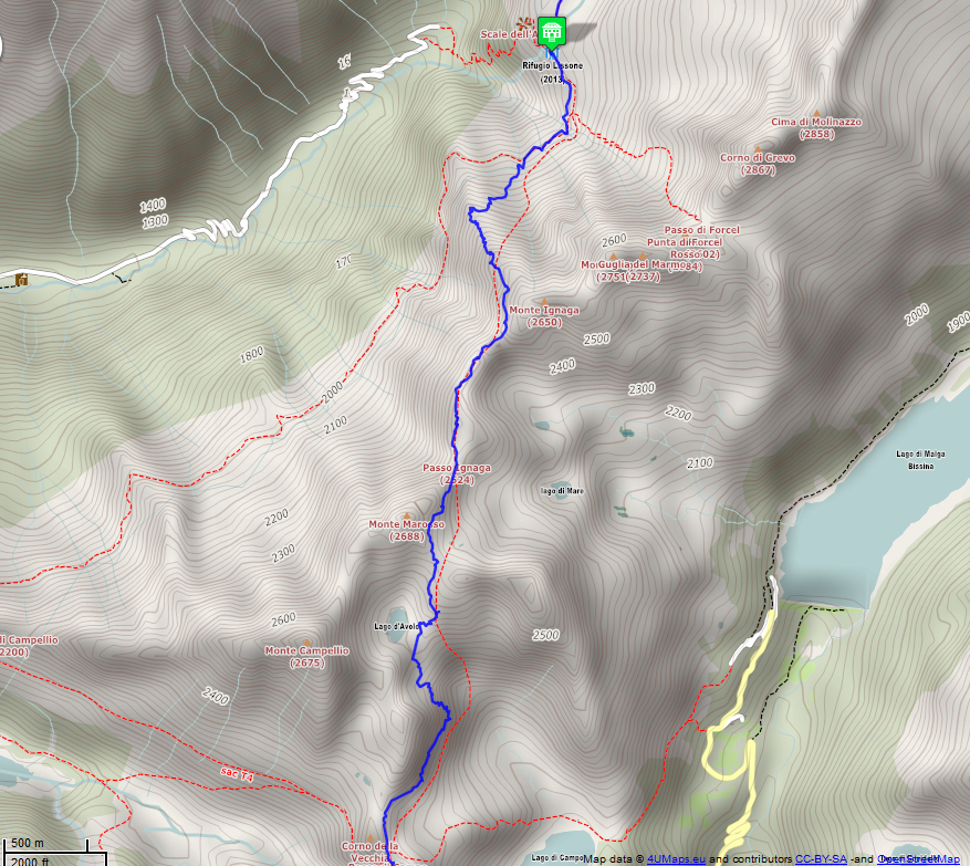 Online-Karte der Wanderstrecke der Etappe 21 auf der Alpenüberquerung auf dem L1: Rifugio Citta di Lissone im Val Adame - Rifugio Maria e Franco al Passo Dernal - Nord