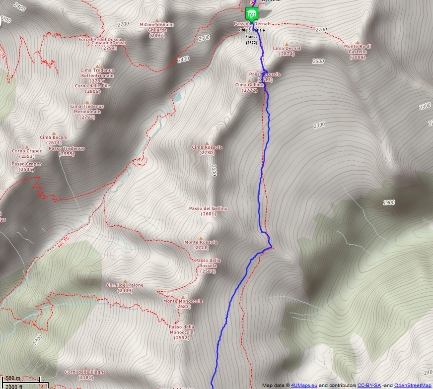 Online-Karte der Wanderstrecke der Etappe 22 auf der Alpenüberquerung auf dem L1: Rifugio Maria e Franco al Passo Dernal - Rifugio Tita Secchi - Nord