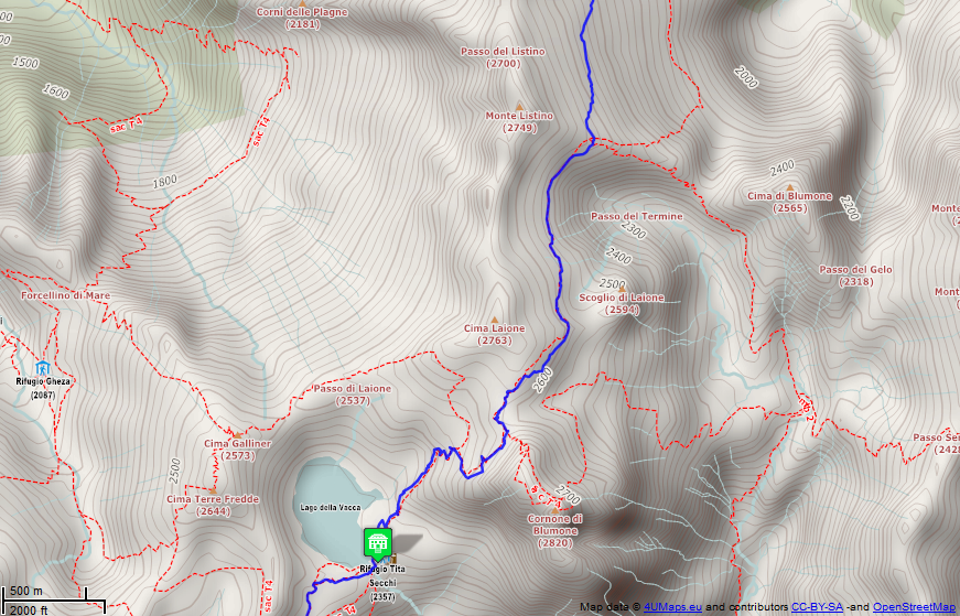 Online-Karte der Wanderstrecke der Etappe 22 auf der Alpenüberquerung auf dem L1: Rifugio Maria e Franco al Passo Dernal - Rifugio Tita Secchi - Süd